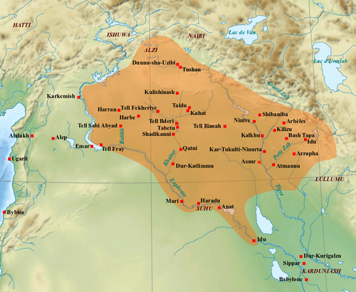 Approximate map of the preceding Middle Assyrian Empire at its height in the 13th century BCE