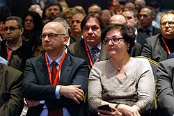 Dejan Jović next to Gordana Čomić at 2015 Challenges of Social Democracy in the Western Balkans conference in Belgrade organized by the Democratic Party and the Party of European Socialists