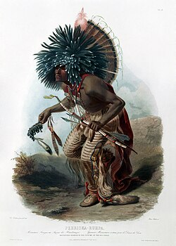 Hidatsa performing dog dance, portrait by Karl Bodmer. In his right hand, he holds a rattle of pronghorn hoofs. A bone flute is hanging in a string around his neck.