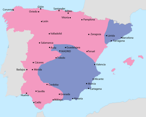 Map showing Spain in July 1938: Area under Nationalist control Area under Republican control