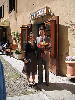 A couple waiting to get married in the town of Alghero on the island of Sardinia, Italy