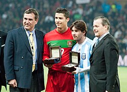 Cristiano Ronaldo and Lionel Messi taking part in ceremonies before a Portugal–Argentina friendly in Switzerland, 2011