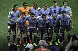 Uruguay at the 2014 FIFA World Cup, wearing the light blue shirt they have worn since 1910