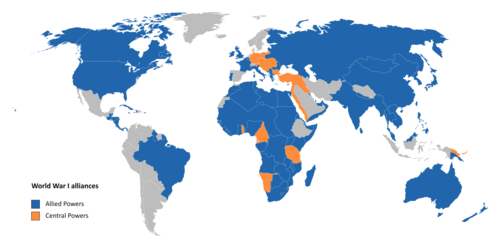 Map of the world with participants in World War I after U.S. entry (6 April 1917), but before the October Revolution (7 November 1917): Neutral countries