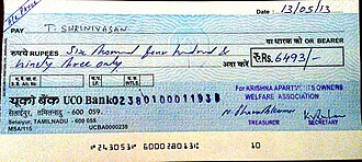 A sample cheque issued by UCO Bank in India