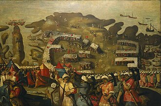 Arrival of the dean fleet, showing the garrison of Malta in 1565 and the Ottoman invasion force.