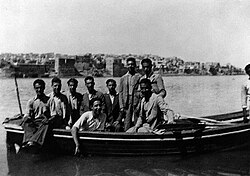 A group of young Iraqi Jews who fled to Palestine following the Farhud in Baghdad. They reached Palestine after considerable difficulties, including arrest, trial and imprisonment by the British authorities as well as deportation. 1941.