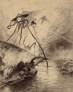 Alien invasion featured in the novel The War of the Worlds (1897) by H. G. Wells, illustrated by Henrique Alvim Corrêa in 1906