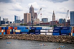 Shipping containers at the Port of Cleveland as seen from Lake Erie