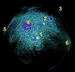 An artist's depiction of the interconnections between blogs and blog authors in the "blogosphere" in 2007
