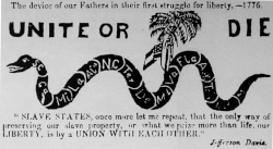 Modification by G. W. Falen of Ben Franklin's Join, or Die graphic, advocating a confederation of slave states, with a quote from Jefferson Davis: "SLAVE STATES, once more let me repeat that the only way of preserving our slave property, or what we prize more than life, our LIBERTY, is by a UNION WITH EACH OTHER." (New-York Historical Society)
