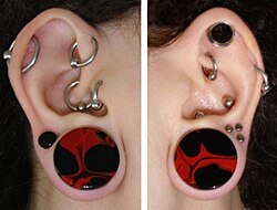Stretching of the earlobe and various cartilage piercings