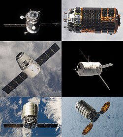 A collage of automated cargo spacecraft used in the past or present to resupply the International Space Station