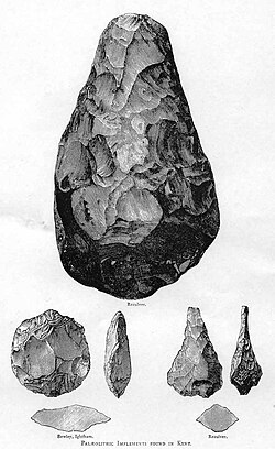 Acheulean handaxes from Kent. The types shown are (clockwise from top) cordate, ficron, and ovate.