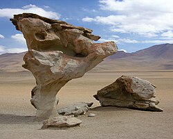A rock sculpted by wind erosion (or Aeolian processes) in the Bolivian Altiplano