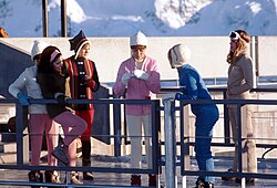 Some of the "Angels of Death" at Piz Gloria during principal photography. From left to right: Mona Chong, Zaheera, Julie Ege, Jenny Hanley, Anouska Hempel, Joanna Lumley.