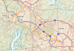 Map of Research Triangle, with points representing NC State University, Duke University, and University of North Carolina at Chapel Hill