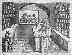 An early 17th-century shop, with customers being served through an opening onto the street