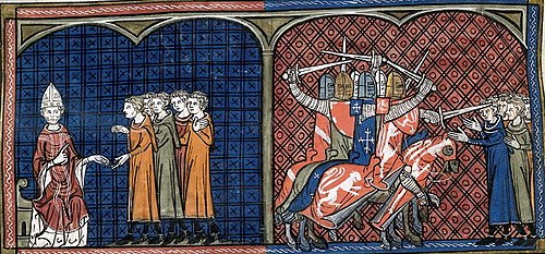 A 14th-century miniature depicting Pope Innocent III excommunicating Cathars and a subsequent massacre of heretics during the Albigensian Crusade in southern France.
