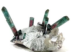 Elbaite with quartz and lepidolite on cleavelandite