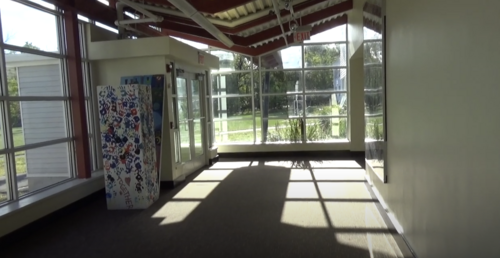 The interior of the Princeton Charter School Campus Center, facing the field