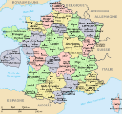 The 22 regions and 96 departments of metropolitan France (pre-2016 reforms) include Corsica (Corse, lower right). Paris area is expanded (inset at left).