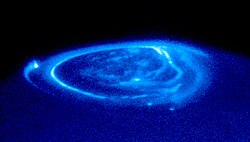 Aurora at Jupiter's north pole as seen in ultraviolet light by the Hubble Space Telescope