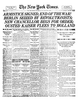 Front page of the newspaper The New York Times on Armistice Day, 1918