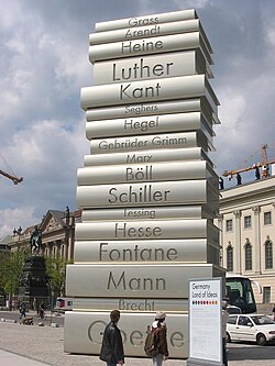 Sculpture in Berlin depicting the names of Grass, Arendt, Heine, Luther, Kant, Seghers, Hegel, Brothers Grimm, Marx, Böll, Schiller Lessing, Hesse, Fontane, Mann, Brecht and Goethe.