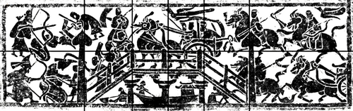 Eastern Han tombs sometimes have depiction of battles between Hu barbarians, with bows and arrows and wearing pointed hats (left), against Han troops; Eastern Han-era, Tsangshan tomb, Linyi; also visible in the Yinan tombs.[144]