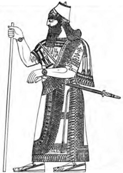Line-drawing of a relief from Nimrud depicting a Neo-Assyrian king