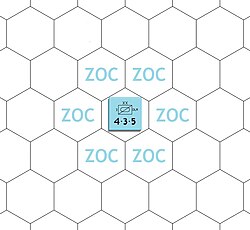 Hexagons marked "ZOC" are the zone of control for the combat unit shown in the center (for a wargame that uses hexagons).