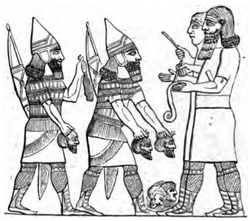 Line-drawing of a relief depicting Neo-Assyrian scribes recording the number of enemies slain by soldiers