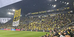 The Nordecke, the Columbus Crew's supporter section, displaying a tifo before MLS Cup 2023 at ScottsMiracle-Gro Field.