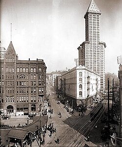 Pioneer Square, the Pioneer Building, the Smith Tower, and the Seattle Hotel in 1917