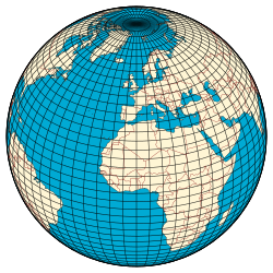 A graticule on the Earth as a sphere or an ellipsoid. The lines from pole to pole are lines of constant longitude, or meridians. The circles parallel to the Equator are circles of constant latitude, or parallels. The graticule shows the latitude and longitude of points on the surface. In this example, meridians are spaced at 6° intervals and parallels at 4° intervals.
