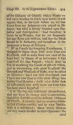 Page 423 from "A treatise on the eye, the manner and phaenomena of vision" by William Porterfield, Published 1759 in Edinburgh. In this book the word "optometer" appears for the first time.