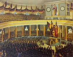 Germany's first national parliament meeting in Frankfurt. The double-headed eagle, now without the haloes of the Holy Roman Emperor's eagle, can be seen.