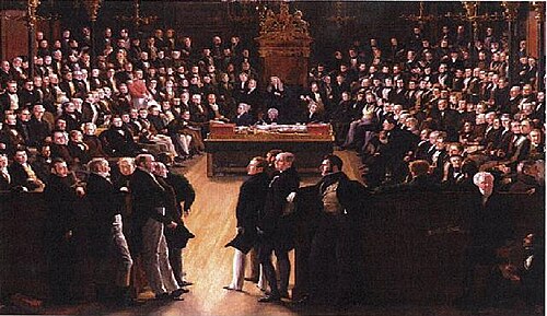 The House of Commons, 1833 by George Hayter commemorates the passing of the Reform Act 1832. It depicts the first session of the newly reformed House of Commons on 5 February 1833. In the foreground, the leading statesmen from the Lords: Charles Grey, 2nd Earl Grey (1764–1845), William Lamb, 2nd Viscount Melbourne (1779–1848) and the Whigs on the left; and Arthur Wellesley, 1st Duke of Wellington (1769–1852) and the Tories on the right.