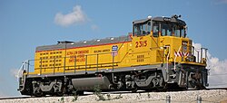 One of the 20 new 2,000 horsepower (1,500 kW) "Green Goat" locomotives manufactured for Union Pacific's "Green" Fleet by Railpower Technologies