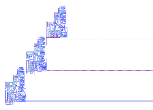 The first implementation of von Neumann's self-reproducing universal constructor.[284] Three generations of machine are shown: the second has nearly finished constructing the third. The lines running to the right are the tapes of genetic instructions, which are copied along with the body of the machines.