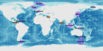 Notable past (purple) and current (orange) land bridges on a bathymetric equirectangular projection centred on 45° E[24]