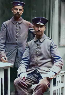 Two Imperial German infantry soldiers during World War I. Colorized family photo taken in Lower Silesia (1914–1918)