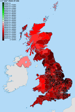 Of the 440 voting areas in the United Kingdom a total of 430 returned majority votes for "No" whilst just ten returned majority votes for "Yes" with all twelve regional count areas returning "No" majorities. Yes No