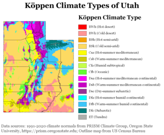 Köppen climate types of Utah, using 1991–2020 climate normals.