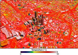 Image of Atlanta, Georgia, showing temperature distribution, with blue showing cool temperatures, red warm, and hot areas appear white
