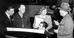 Sinatra (left) on the Armed Forces Radio in 1944 with Dinah Shore and Bing Crosby (right)