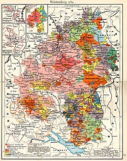 Württemberg more than doubled its size when it absorbed some 15 Imperial Cities (in orange) and other territories during the mediatisations of 1803 and 1806.