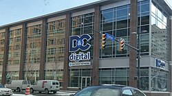 The Democrat and Chronicle building at the corner of Main Street and Clinton Avenue