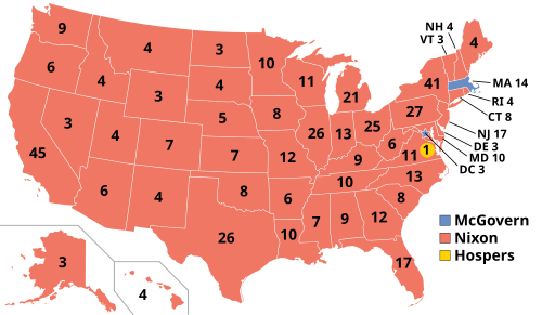 President Nixon defeated Democrat George McGovern in the 1972 presidential election. President Nixon was re-elected in one of the largest landslide election victories in American history, winning 61% of the popular vote, receiving 47,168,710 votes to McGovern's 29,173,222 votes. President Nixon won an even larger Electoral College victory, winning 520 electoral votes to 17 for McGovern.